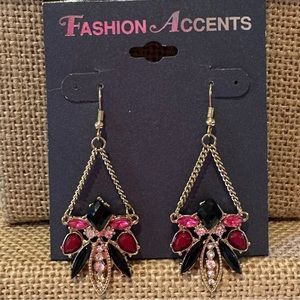 NWT Fashion Accents Earrings gold w/ black, pink, red jewels & clear rhinestones